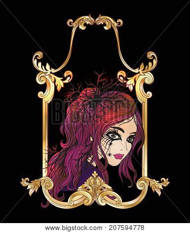 Portrait of a young beautiful girl in Halloween or Day of the Dead make up on black background in gold decorative frame.  Stock line vector illustration.