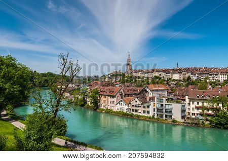 Bern Switzerland - May 26 2016: Panoramic view on the magnificent old town of Bern capital of Switzerland.