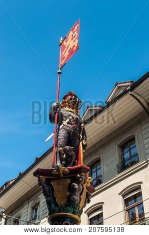 Bern Switzerland - May 26 2016: The Zahringerbrunnen - Warrior Bear Fountain is memorial to the founders of Bern was probably built in 1535.
