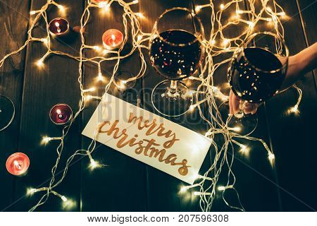 Glasses With Wine And Merry Christmas Card