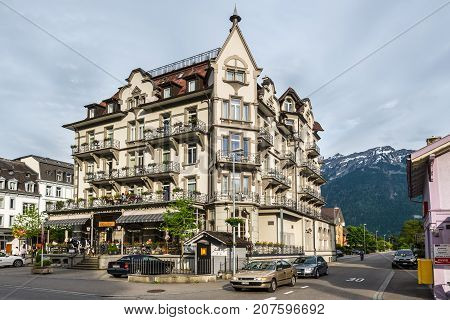 Interlaken Switzerland - May 26 2016: Carlton Europe Hotel enjoys a central location on the Hoheweg promenade in Interlaken Switzerland.