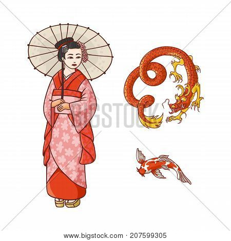 Asian japan, china oriental symbols concept set. Red dragon without wings, traditional koi carp, geisha woman with folding paper umbrella. Isolated flat vector illustration on a white background.