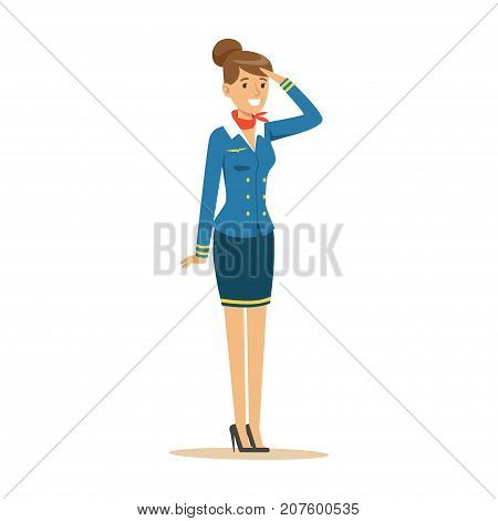 Young smiling stewardess in blue uniform stands on isolated white background. Stylish flight attendant clothes. Front view. Flat vector illustration. Cartoon design character. Airline crew member.