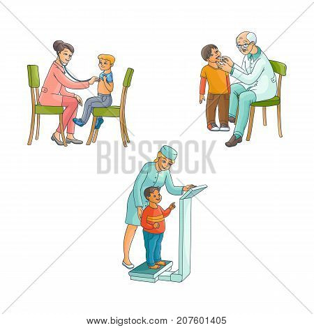 vector flat woman pediatrician cheking teen boy weight, male grey-haired doctor measuring child temperature, female doctor examining boy lungs sitting at chair. Isolated illustration, white background