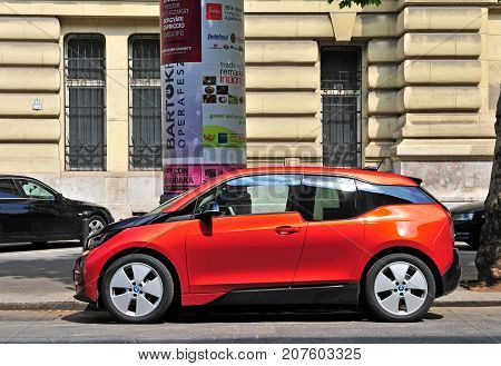 BUDAPEST HUNGARY - MAY 27: BMW i3 electric car in the street of Budapest Hungary on May 27 2016.