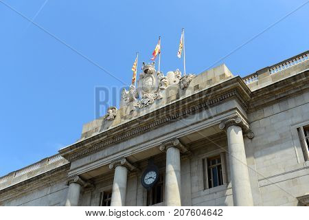 Barcelona City Hall (Casa de la Ciutat, Ajuntament) is located at Old Town (Ciutat Vella) of Barcelona, Catalonia, Spain.