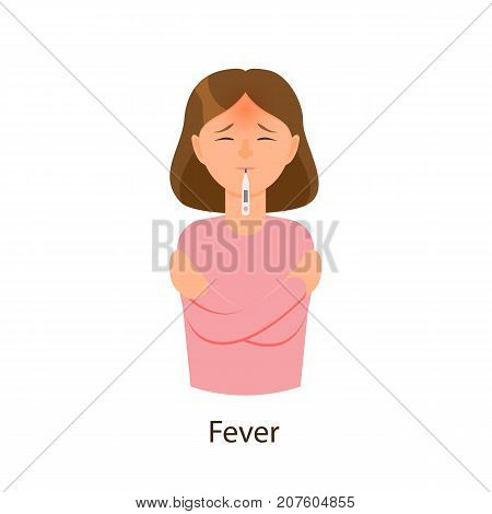 Woman having flu, fever, measuring temperature with thermometer, flat vector illustration isolated on white background. Flat half length portrait of girl, woman with thermometer in mouth, flu symptom