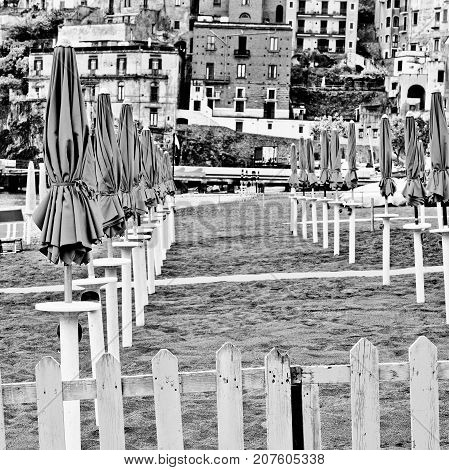 Beach Umbrellas on the Background of the Italian City of Minori Retro Image Filtered Style