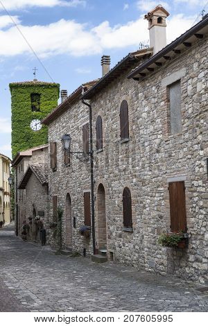 Frontino historic village in Montefeltro Pesaro Urbino Marches Italy). A street with the typical houses with plants and flowers and a tower covered by creeper plants