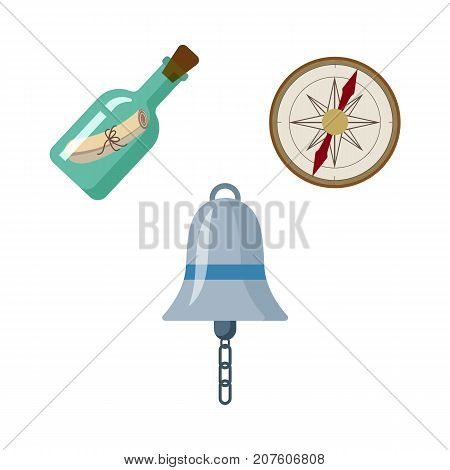 vecotr flat cartoon nautical, marine symbols set. Compass or Rose of Wind, ship signal bell, message in sealed glass bottle with icons. Isolated illustration on a white background.