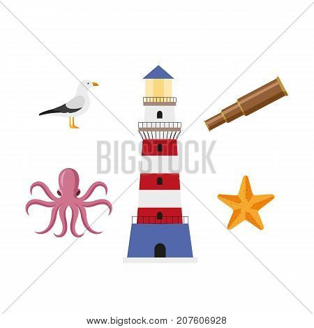 vector flat cartoon nautical, marine symbols set. Golden starfish, pink octopus poulpe, seagull, lighthouse and wooden spyglass. Isolated illustration on a white background.