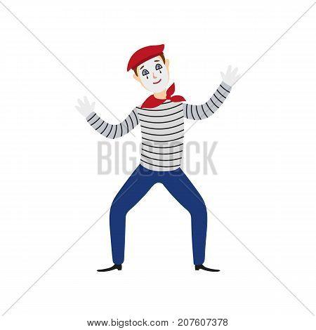 vector flat cartoon man clown in black and white striped pullover, red bowtie beret in pose. Artist, mime creative people from france concept. Isolated illustration on a white background.