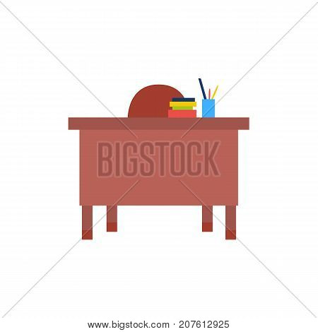 Flat style wooden teacher table with pen holder and stack of books, vector illustration isolated on white background. Flat style teacher table, front view vector illustration