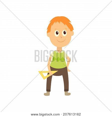 vector flat cartoon male character - cute boy pupil, schoolkid standing smiling holding triangle in hands. Isolated illustration on a white background.