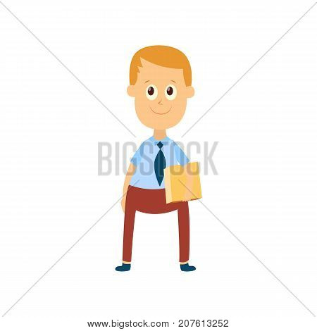 vector flat cartoon male character - cute boy pupil, schoolkid standing smiling holding books or box in hands. Isolated illustration on a white background.