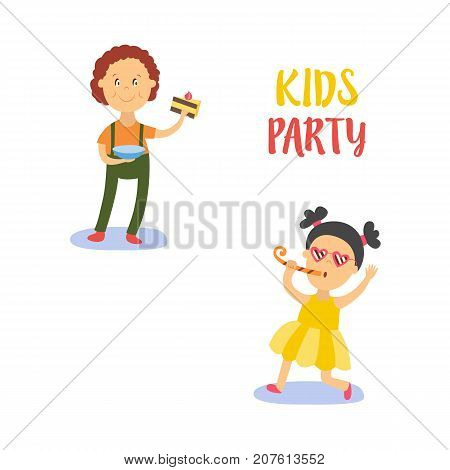 vector flat cartoon boy kid holding plate with tasty delicious piece of cake smiling happily, girl in funny glasses whistling . isolated illustration on a white background. Kids patty concept