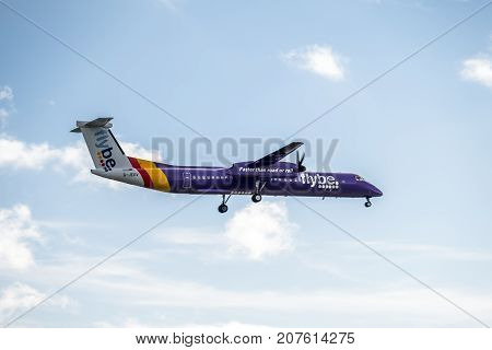 DUESSELDORF , GERMANY - OCTOBER 05 2017: Airline Flybe Bombadier Dash 8 Q400 landing at Dusseldorf Airport