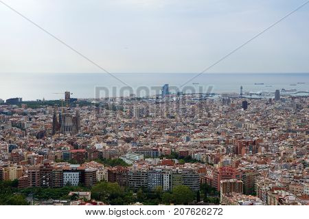 BARCELONA, SPAIN - AUG 30th, 2017: wide angle of barcelona shot from the bunkers de carmel offering amazing panoramic views over the city skyline.
