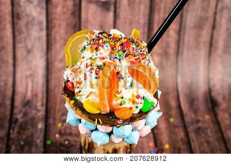 Chocolate Freakshake With Meringue, Chocolate, Biscuits, Marshmallows And Sweets