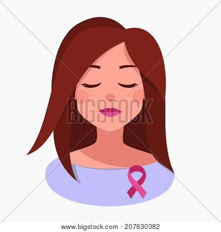 Unhappy Woman with Pink Ribbon. Vector Breast Cancer Awareness. Girl Shows Solidarity. Pink Ribbon on Woman Breast. Vector Illustration Isolated from background