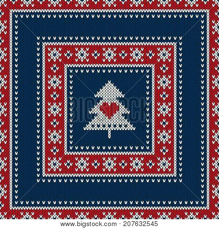 Winter Holiday Seamless Knitted Pattern with a Christmas Tree. Knitting Sweater Design. Wool Knitted Texture