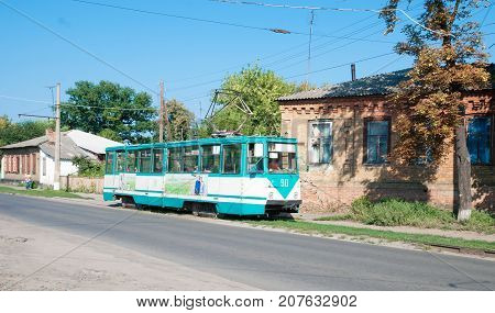 Konotop, UKRAINE,August 5, 2013: Electric tram in the city of KonotopSumy region Ukraine