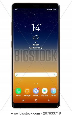 Koszalin, Poland - 03 October, 2017: Samsung Galaxy Note 8 on white background. Samsung Note 8 are new generation smartphone from Samsung. The Samsung Note 8 is smart phone with multi touch scren