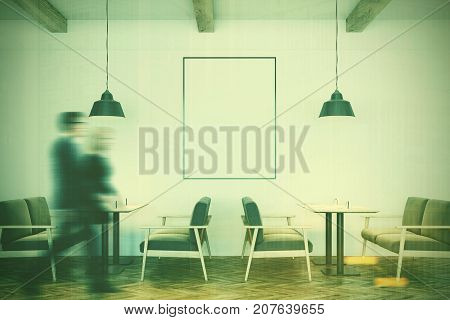 White cafe interior with a wooden floor square tables and gray and wooden sofas. A vertical framed poster people. 3d rendering mock up double exposure toned image