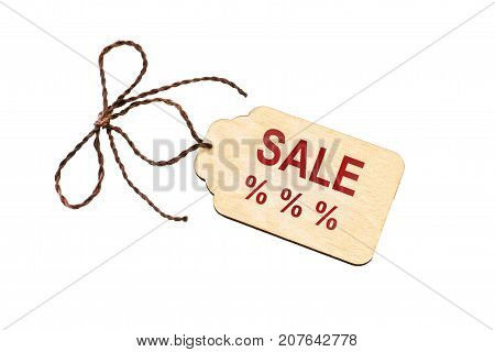 Beige tag with a lace on a white background and an inscription discount