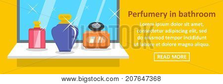Perfumery in bathroom banner horizontal concept. Flat illustration of perfumery in bathroom banner horizontal vector concept for web design