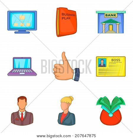 Working day icons set. Cartoon set of 9 working day vector icons for web isolated on white background