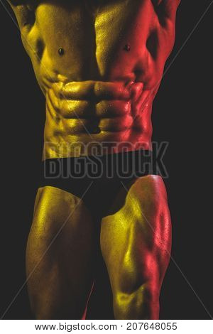 Athlete In Black Underpants, Warm Light. Passionate Sensual Body Of Young Man. Male Body Close Up. M
