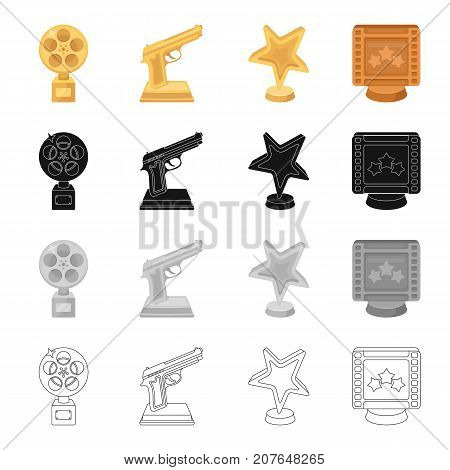Award gold star, gold pistol, film. Different Kinds of Movie Awards set collection icons in cartoon black monochrome outline style vector symbol stock isometric illustration .