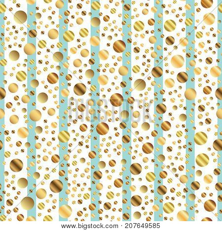 Golden Dots Seamless Pattern On Blue Striped Background. Ravishing Gradient Golden Dots Endless Rand