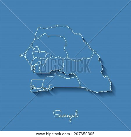 Senegal Region Map: Blue With White Outline And Shadow On Blue Background. Detailed Map Of Senegal R