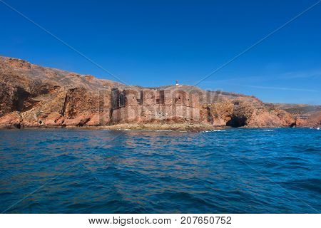 Fort of Sao Joao Baptista in Berlenga island, Portugal, view from the sea.