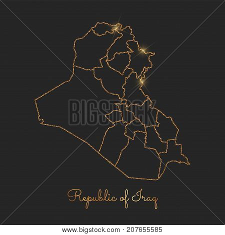 Republic Of Iraq Region Map: Golden Glitter Outline With Sparkling Stars On Dark Background. Detaile