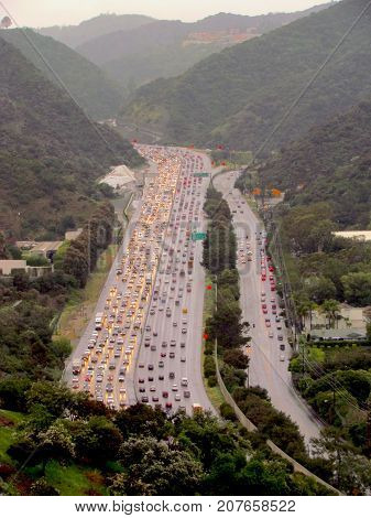 Aerial view of a traffic jam on a highway in Los Angeles California USA