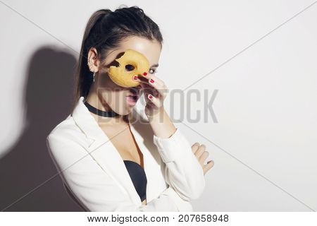 Brunette Girl With A Classic Glase Donut.