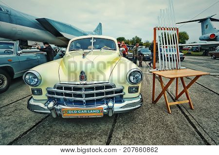 KYIV, UKRAINE - OCTOBER 2017: Soviet retro car yellow GAZ-12 (ZIM) manufactured between 1949 and 1959 is presented at the 