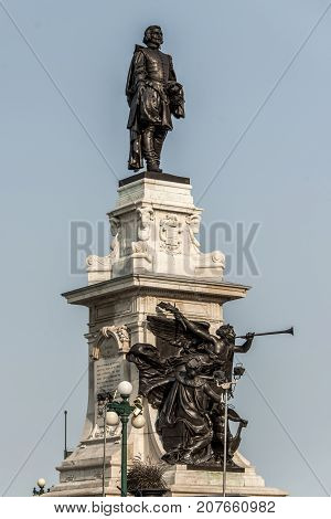 Statue of Samuel de Champlain against blue summer sky in the historic area founder of Quebec City, Canada