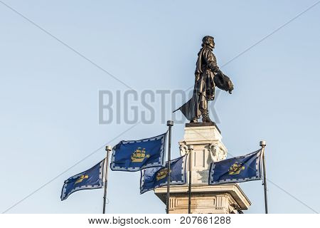 Statue of Samuel de Champlain against blue summer sky in the historic area founder of Quebec City, Canada