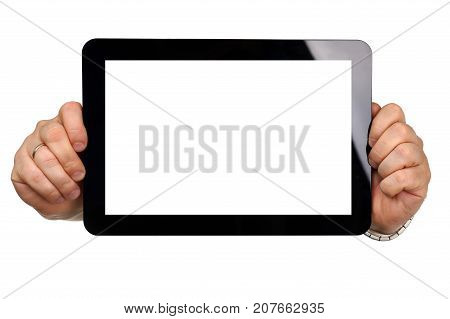 Man hoding black tablet frame in hand isolated on white closeup.  