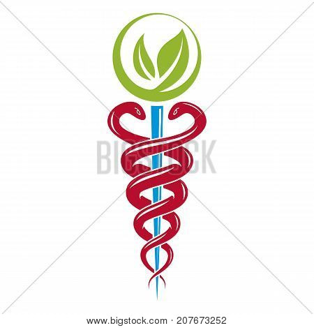 Aesculapius vector abstract illustration created using snakes and green leaves Caduceus symbol. Healthy lifestyle is strong heart.