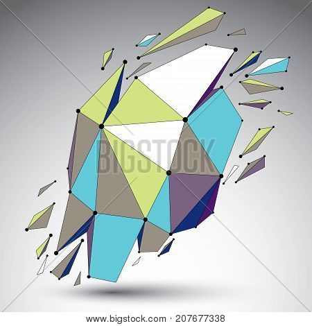 Vector dimensional colorful wireframe object demolished shape with refractions and wreckage. 3d mesh digital technology element broken into pieces.