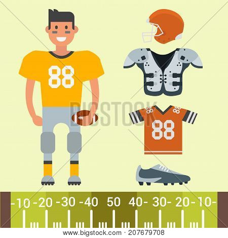 American football player and sport game uniform vector cartoon style isolated quarterback jumping success usa athlete. Professional competition floodlit challenge culture fitness.