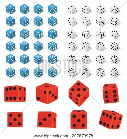 Set of isometric dice number lucky symbol. Game fortune casino variants loss vector illustration. Gamble cube opportunity chance risk tool.