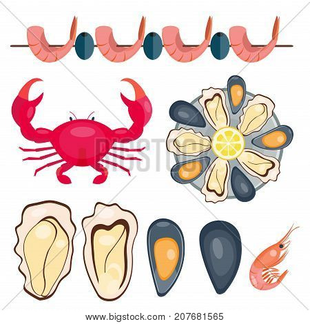 Fresh seafood flat vector illustration fish gourmet delicious restaurant cooking gourmet sea food meal. Marine appetizer prepared tasty mediterranean cuisine.