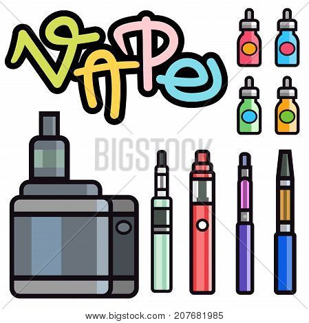 Vape device vector set cigarette vaporizer vapor juice vape bottle flavor illustration battery coil. Trend new culture electronic nicotine liquid. Smoking atomizer device e-liquid.