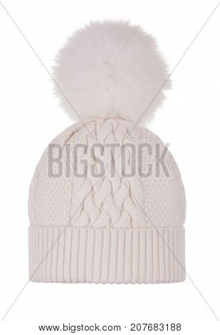 Luxury beautiful knitted woolen white female hat with fur ball pampone on white background